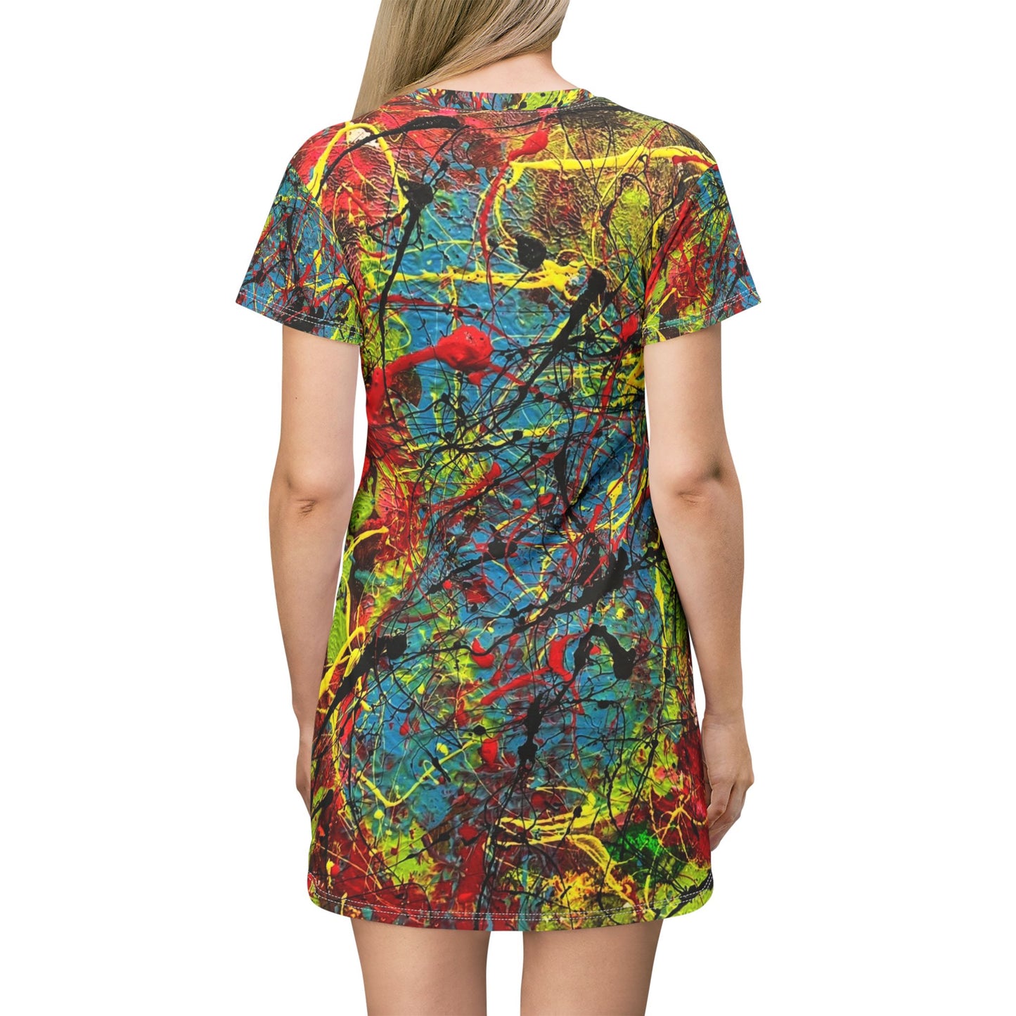Abstract Splash Print T-Shirt Dress — Colorful Paint Splatter AOP