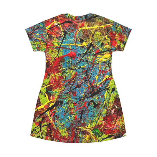 Abstract Splash Print T-Shirt Dress — Colorful Paint Splatter AOP