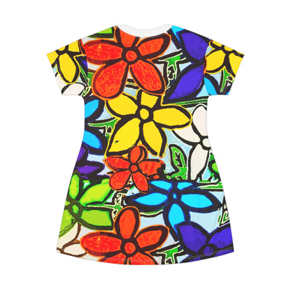 Floral Pop – All‑Over Print Graphic T‑Shirt Dress