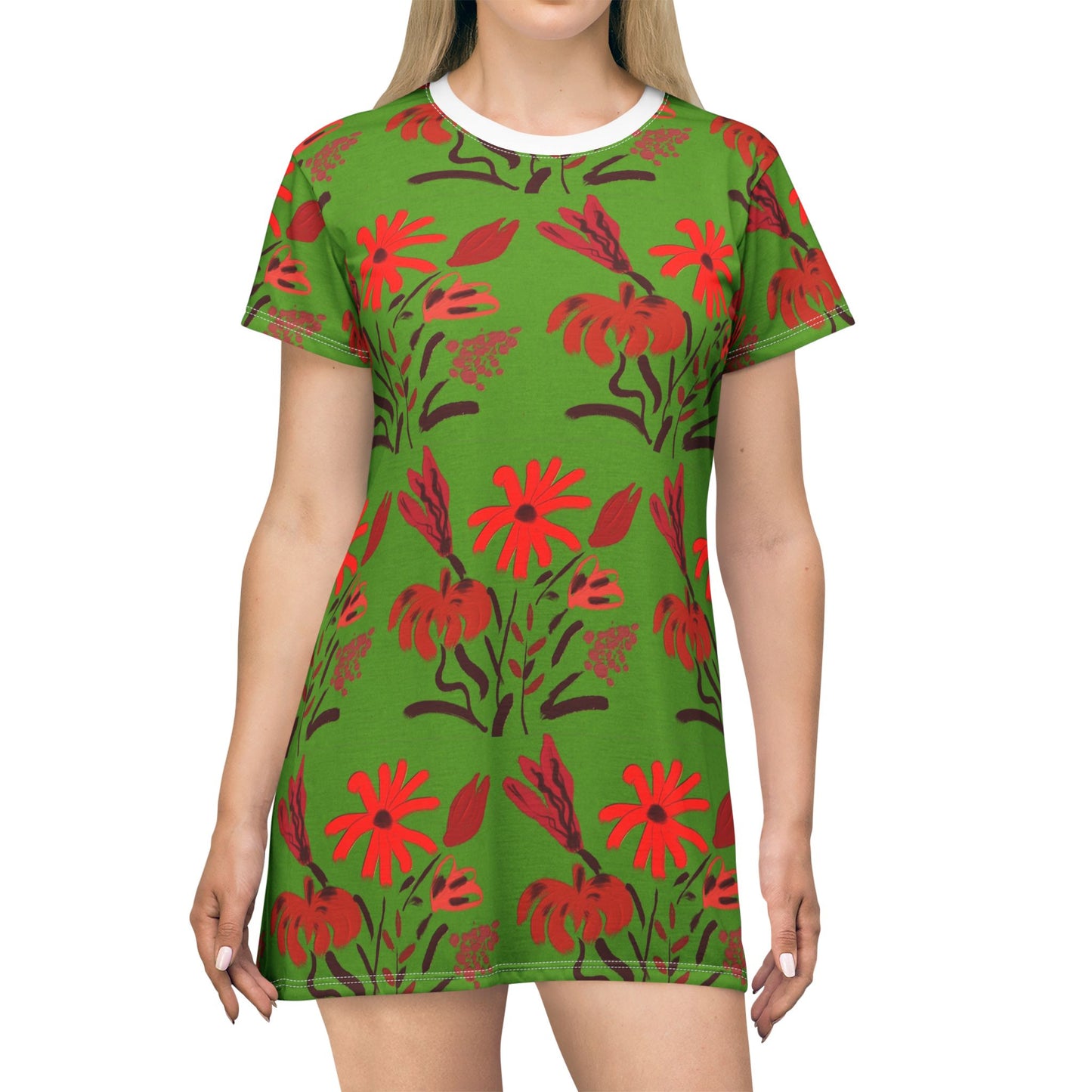 Floral Green - All‑Over Print Graphic T‑Shirt Dress