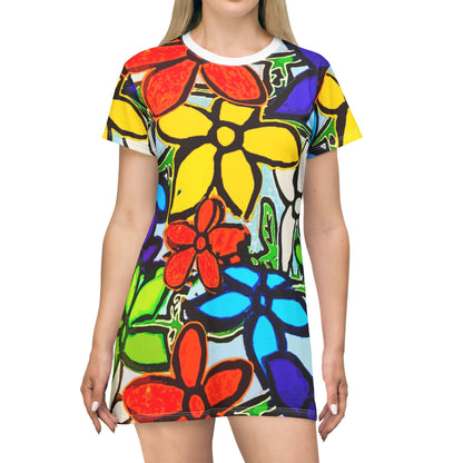 Floral Pop – All‑Over Print Graphic T‑Shirt Dress