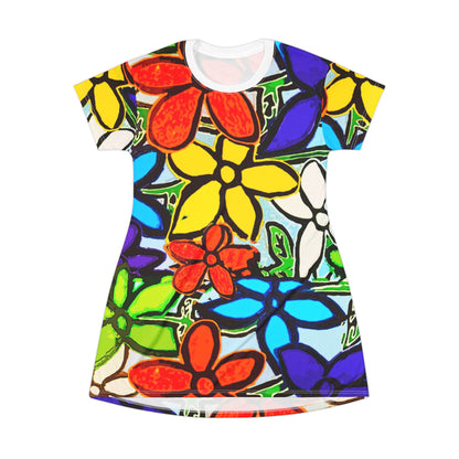 Floral Pop – All‑Over Print Graphic T‑Shirt Dress