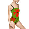 Floral Burst One-Piece Swimsuit — Bright Red Daisy Print on Green