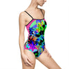 Tropical Neon Floral One-Piece Swimsuit — Vibrant Back-Cutout Swimwear