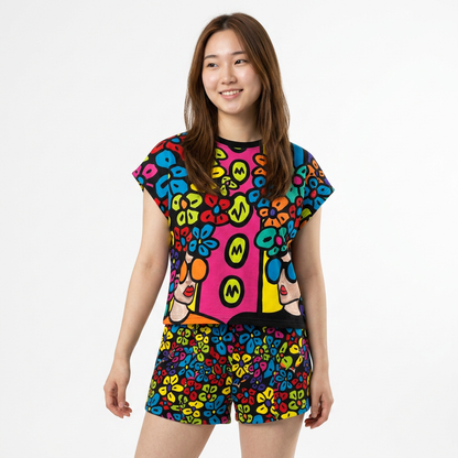 Vibrant Women's Short Pajama Set with Colorful Floral Design
