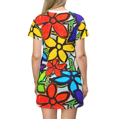 Floral Pop – All‑Over Print Graphic T‑Shirt Dress