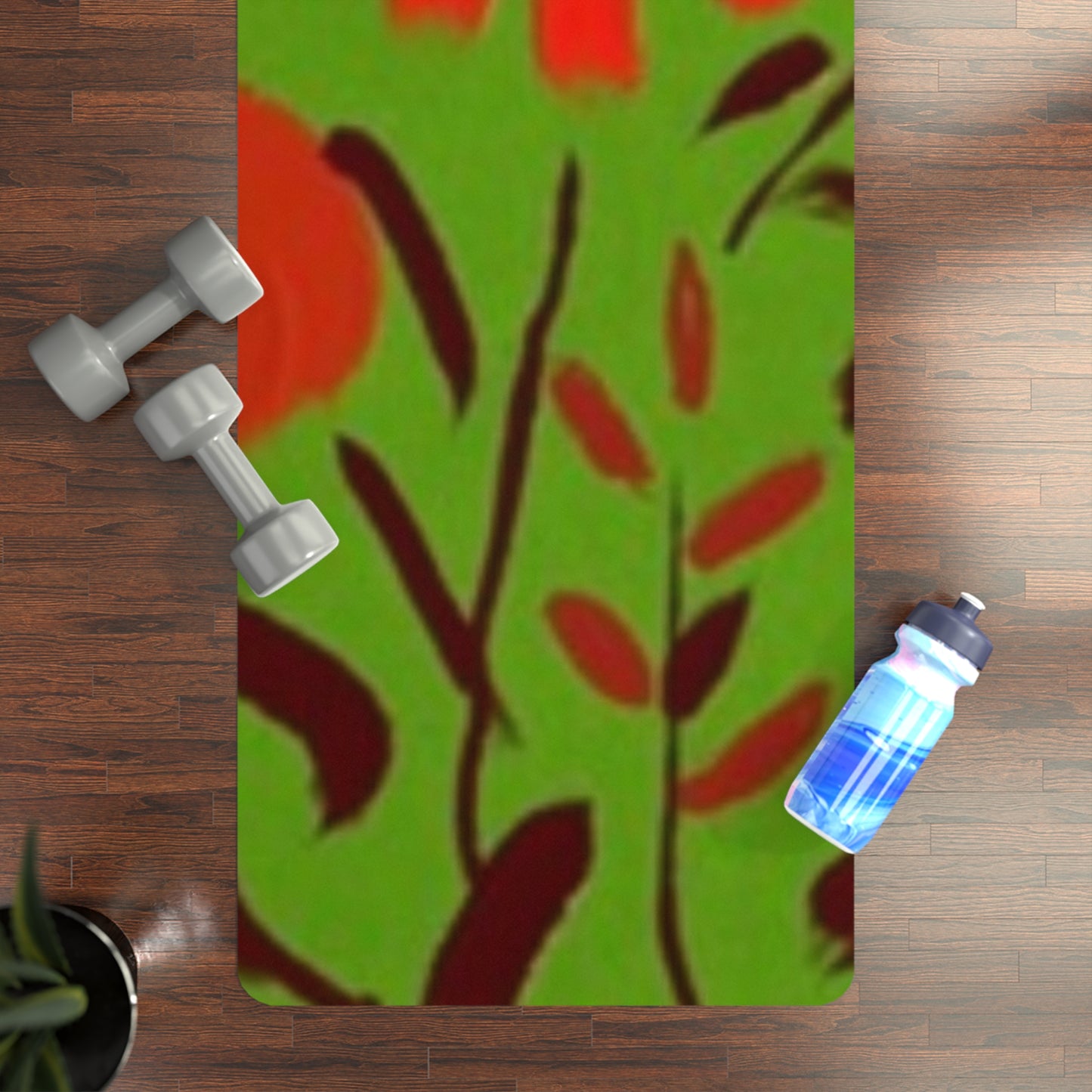 Floral Flow Rubber Yoga Mat – Non‑Slip Red Daisies on Green – 24" x 70"