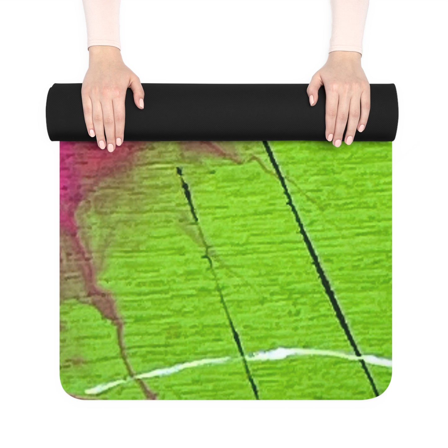 Abstract Neon Splash Rubber Yoga Mat – Non‑Slip Green & Pink All‑Over Print – 24" x 70"